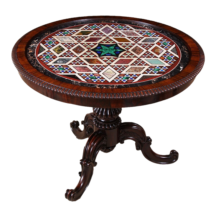 Specimen Marble and Rosewood Centre Table with 373 hardstone specimens and intricate Gillow base, circa 1815.