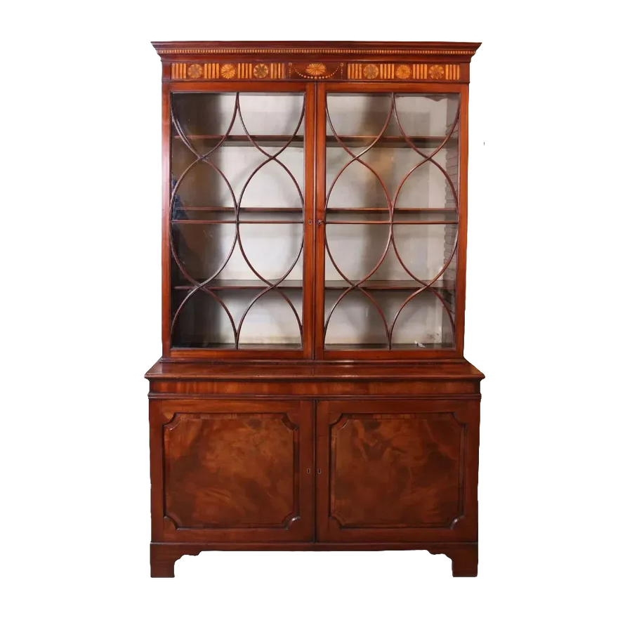 George III Sheraton mahogany cabinet bookcase with boxwood inlay and glazed doors by Collection CK20