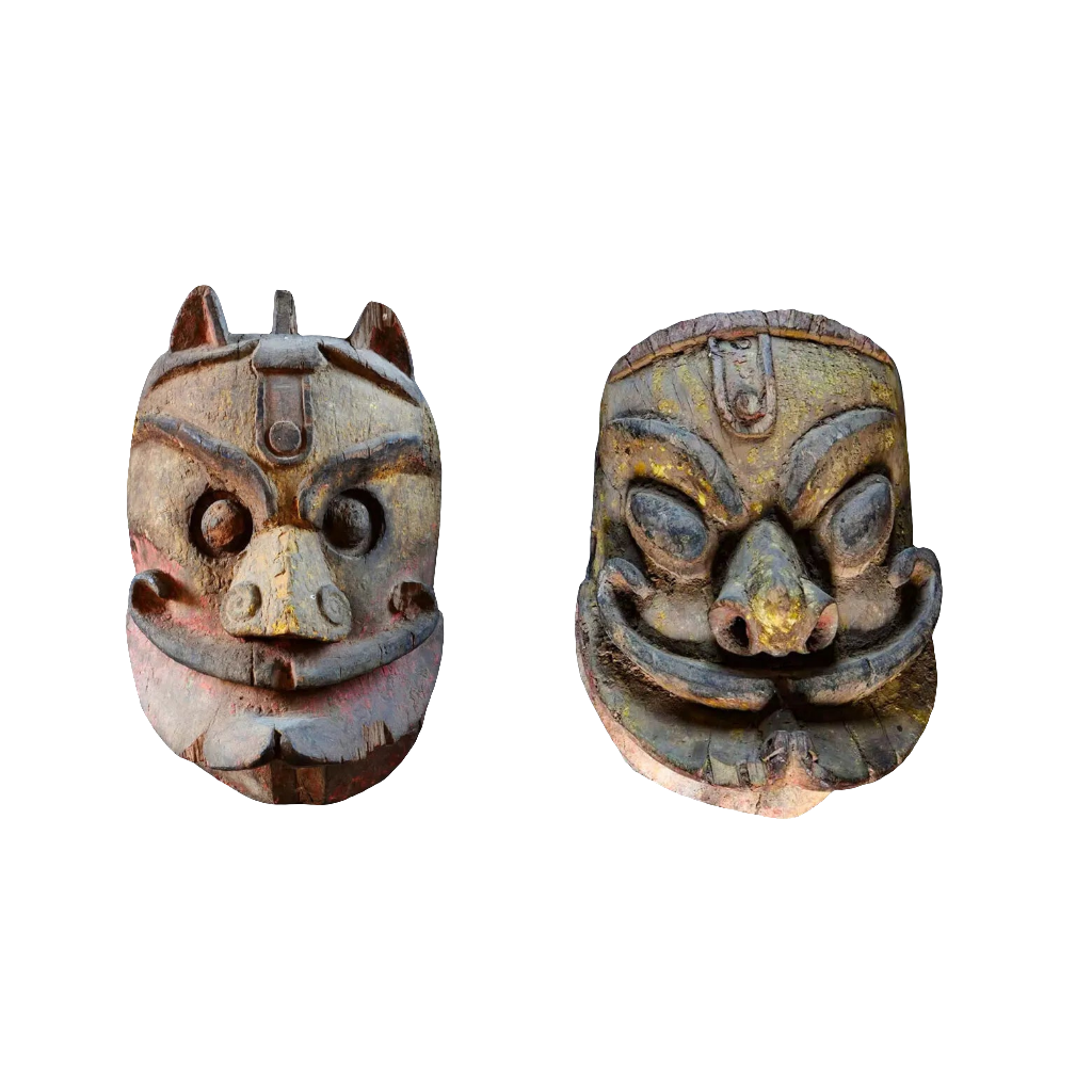 Two 19th century Ratha Yatra ceremonial wooden masks from Orissa by Collection EE20 with polychrome finish
