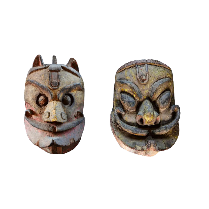 Two 19th century Ratha Yatra ceremonial wooden masks from Orissa by Collection EE20 with polychrome finish