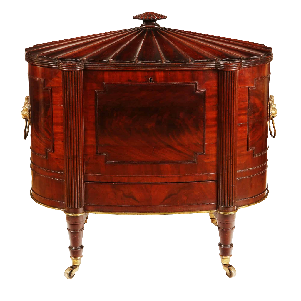 George III Cellarette Attributed To Gillows mahogany oval cabinet with hinged lid, brass cased legs, and lion mask handles.