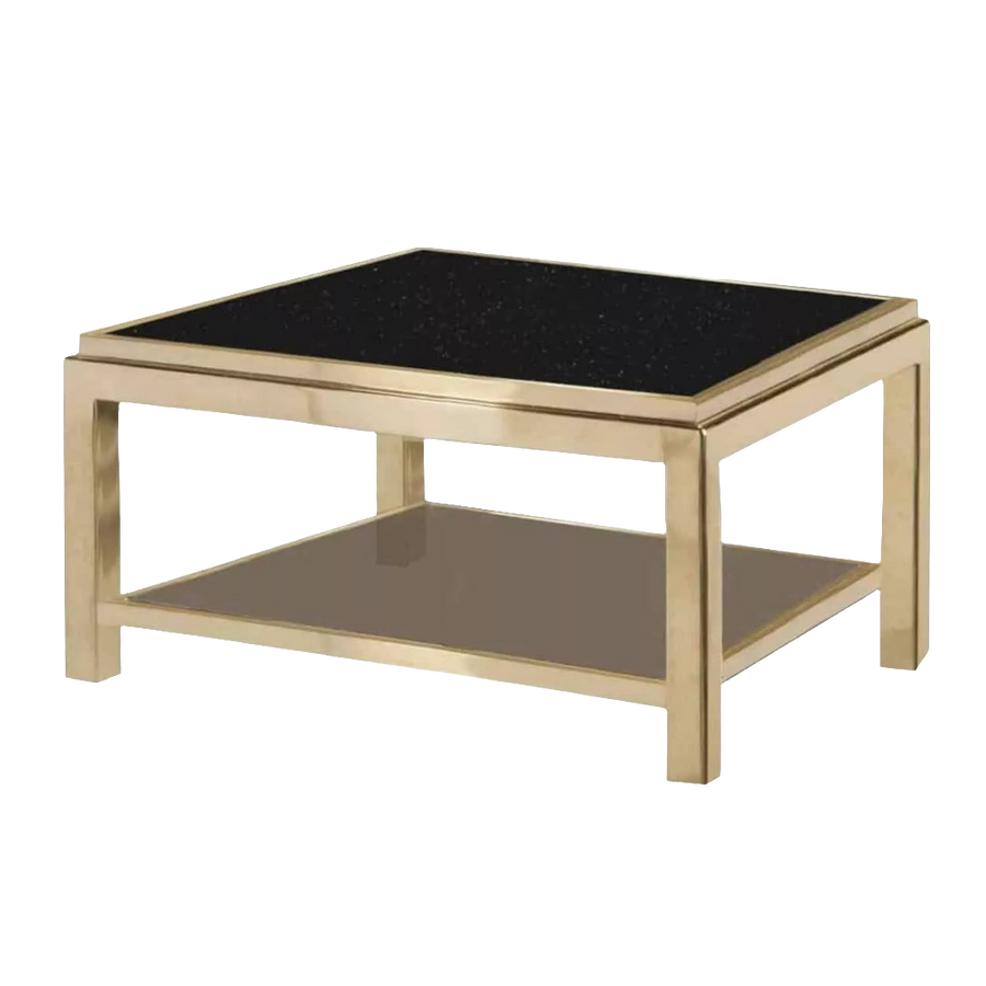 Willy Rizzo Flaminia Table with gold-plated frame, black marble top, and smoked glass shelf by Collection CK30.