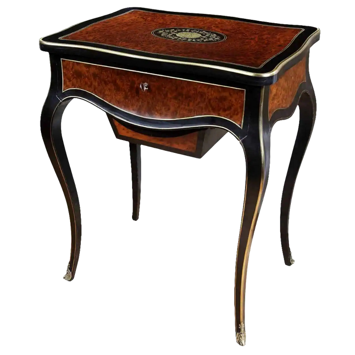 Paul Sormani Exotic Amboyna Work Table with curved legs, ebony and brass details, and intricate wood veneer design.
