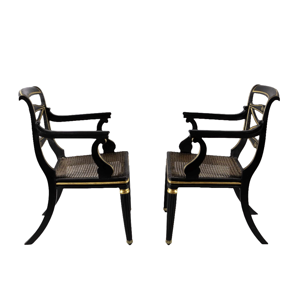 Pair of Regency parcel gilt armchairs with black and gold detail, classic design by Collection TH20, elegant early 19th century style