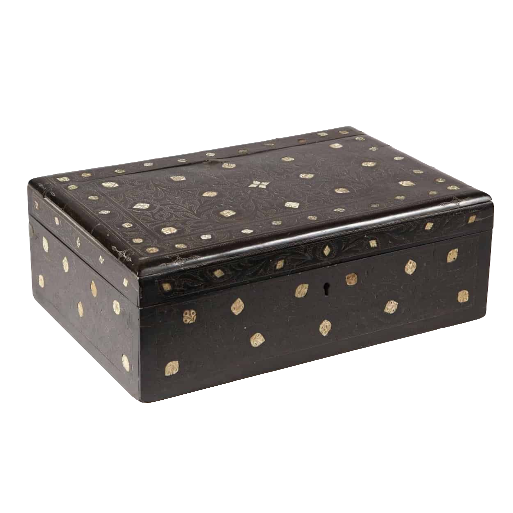 19th century Indian ebony box with inlaid bone decoration and floral designs by Collection EE20, circa 1850