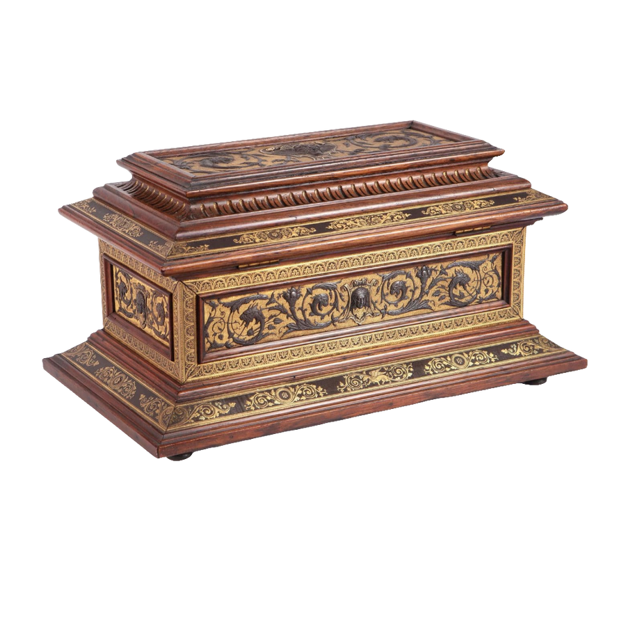 Damascened Toledo miniature Renaissance cassone by Nicholas Wells Antiques with intricate gilt steel and wood detailing