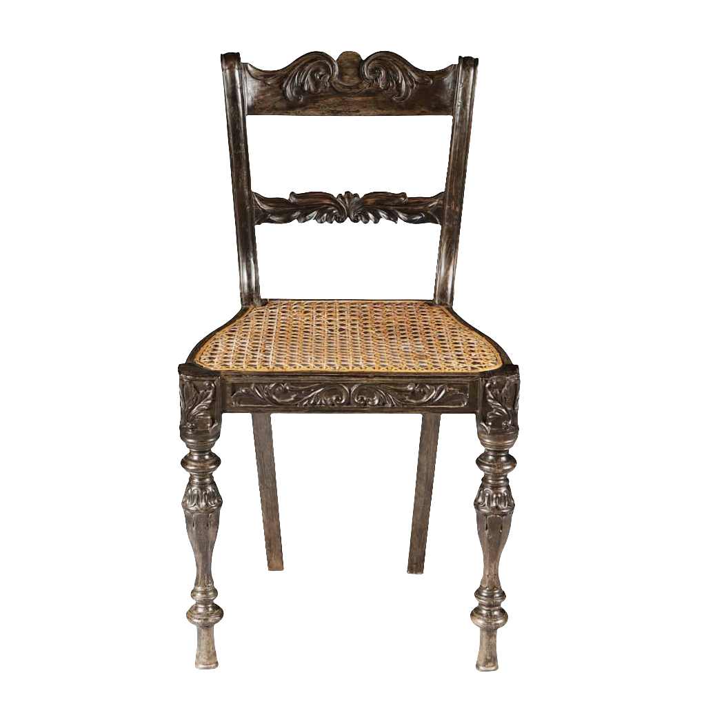 Antique Indian Ebony Side Chair with carved details and woven cane seat from Collection EE40, circa 1840.