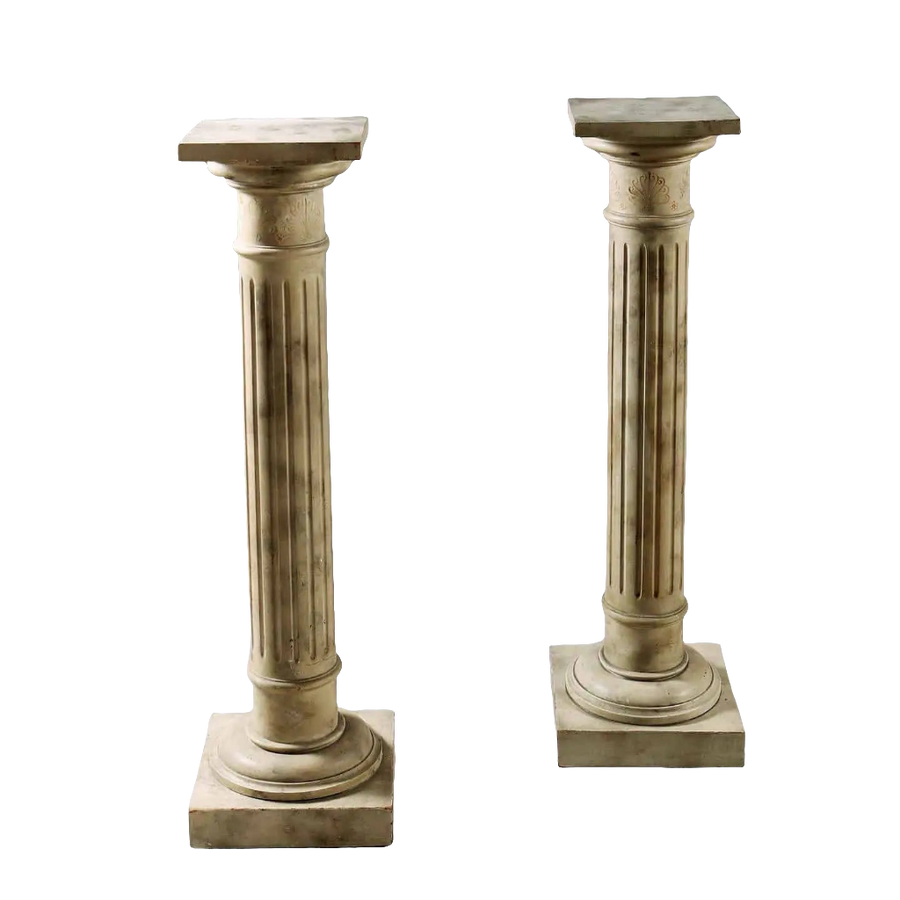 Pair of mid century faux marble painted column pedestals with fluted design for antique sculpture display.