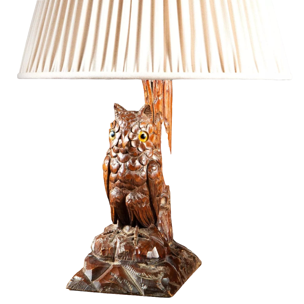Carved Owl As A Table Lamp, 19th century French hand-carved owl mounted as a decorative table lamp with beige shade.