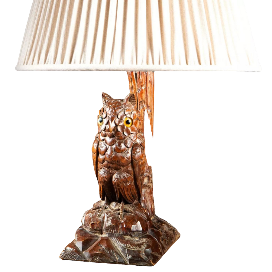 Carved Owl As A Table Lamp, 19th century French hand-carved owl mounted as a decorative table lamp with beige shade.