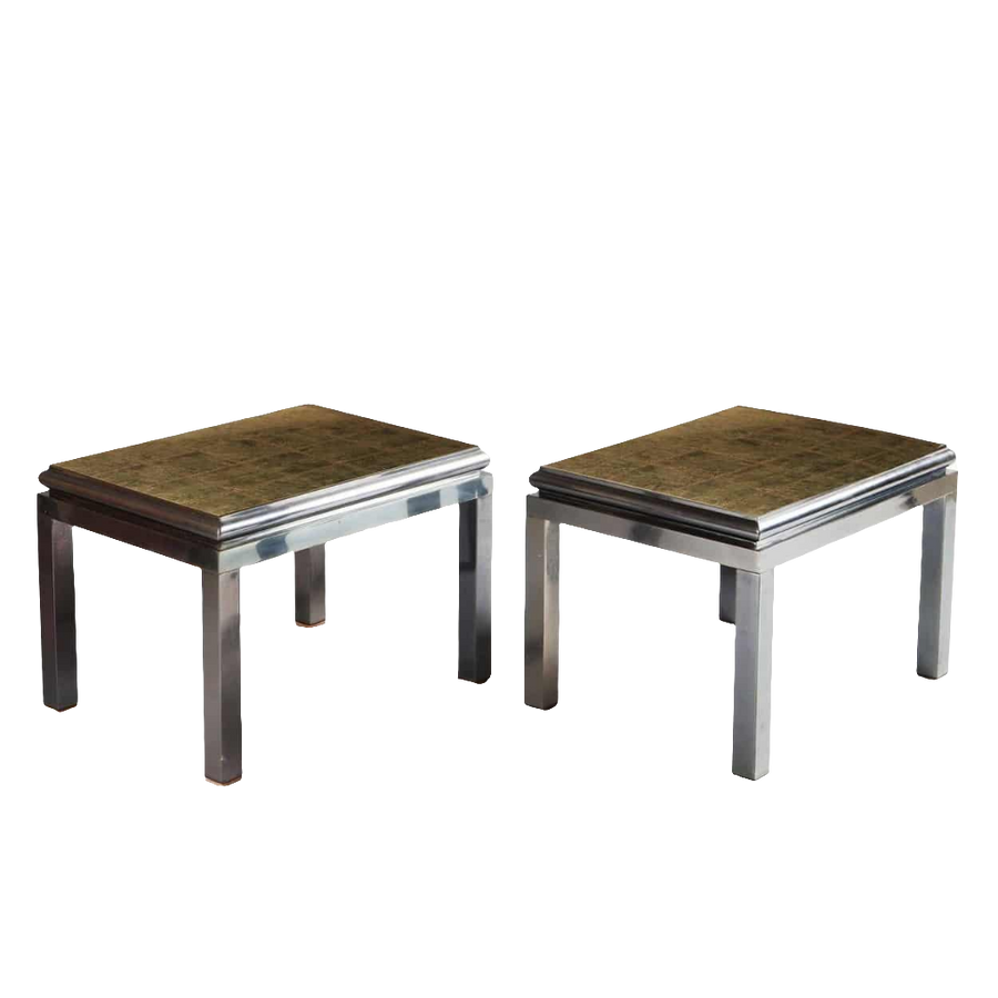 Maison Jansen Pair of Gunmetal End Tables by Guy Lefevre with eglomisé glass tops and polished gunmetal frame.