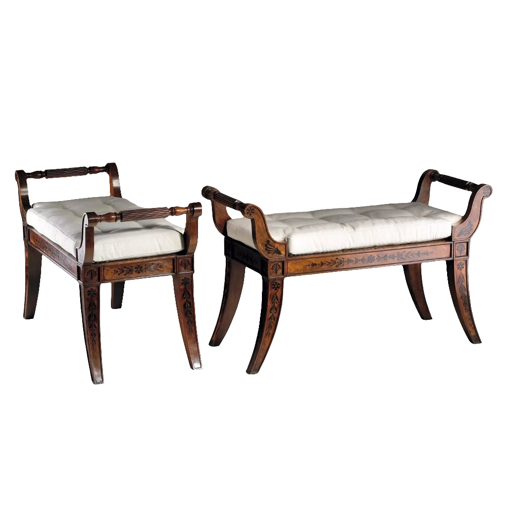 Pair of Regency mahogany window seats with white cushions, attributed to George Bullock, from Collection CK20.