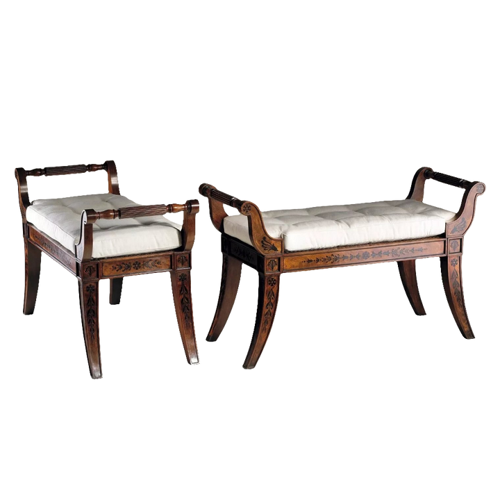 Pair of Regency mahogany window seats with white cushions, attributed to George Bullock, from Collection CK20.