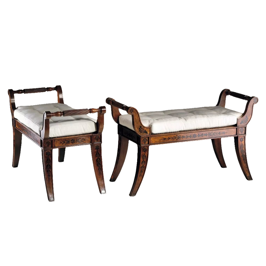 Pair of Regency mahogany window seats with white cushions, attributed to George Bullock, from Collection CK20.