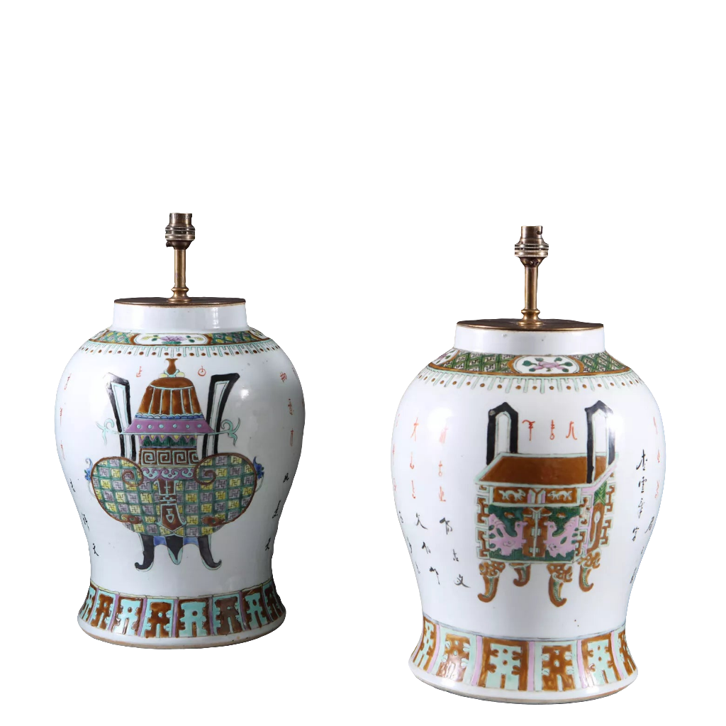Matched Pair of Chinese Export Ginger Jar Lamps with traditional motifs, China circa 1865, 36 cm height each.