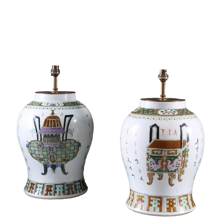 Matched Pair of Chinese Export Ginger Jar Lamps with traditional motifs, China circa 1865, 36 cm height each.