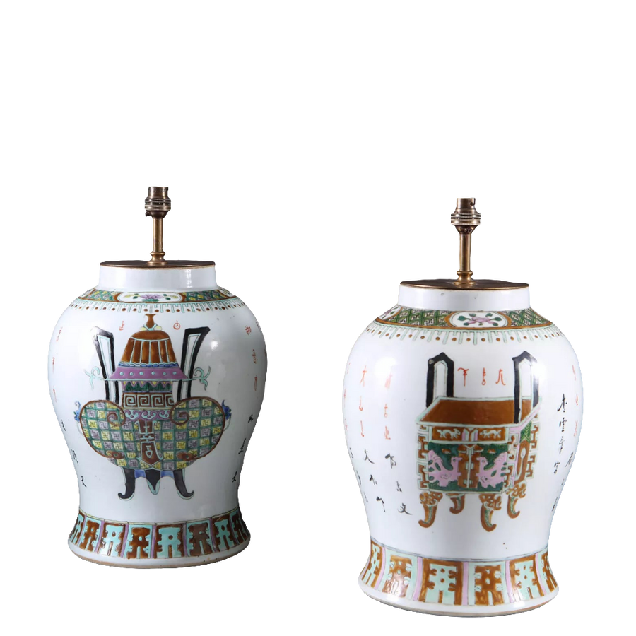 Matched Pair of Chinese Export Ginger Jar Lamps with traditional motifs, China circa 1865, 36 cm height each.