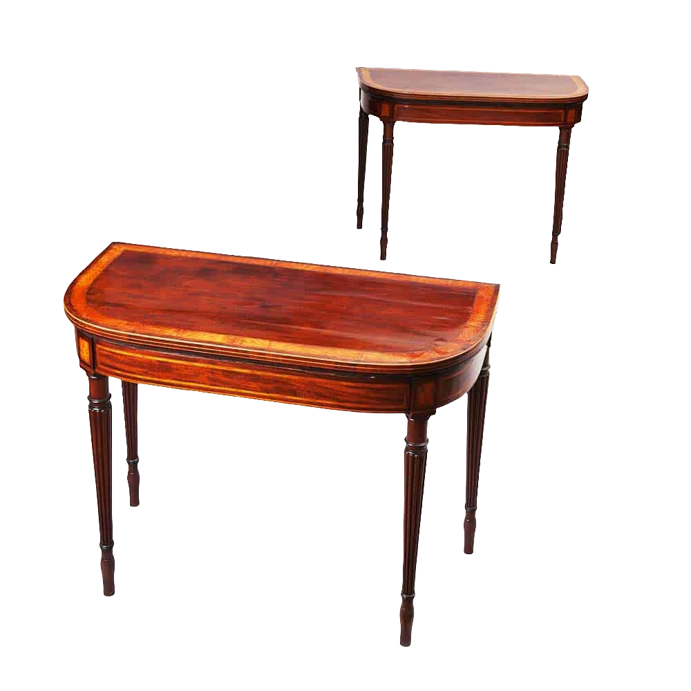 Pair Of George III Hepplewhite Mahogany Card Tables Attributed To Gillows with satinwood banding and fluted legs.