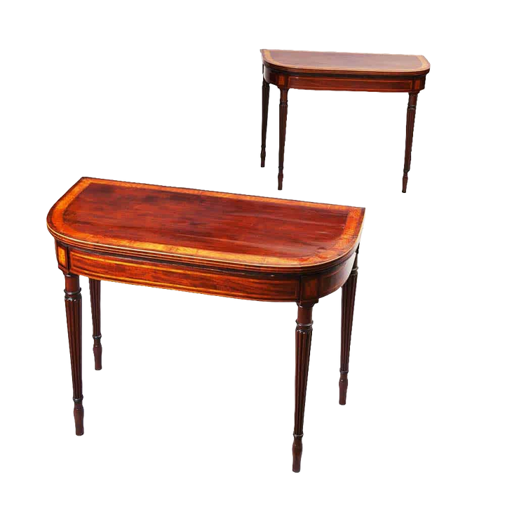 Pair Of George III Hepplewhite Mahogany Card Tables Attributed To Gillows with satinwood banding and fluted legs.