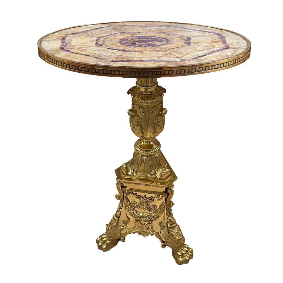 Gilt bronze Blue John Center Table with radiating Blue John top and ornate gilt bronze pedestal base with paw feet.