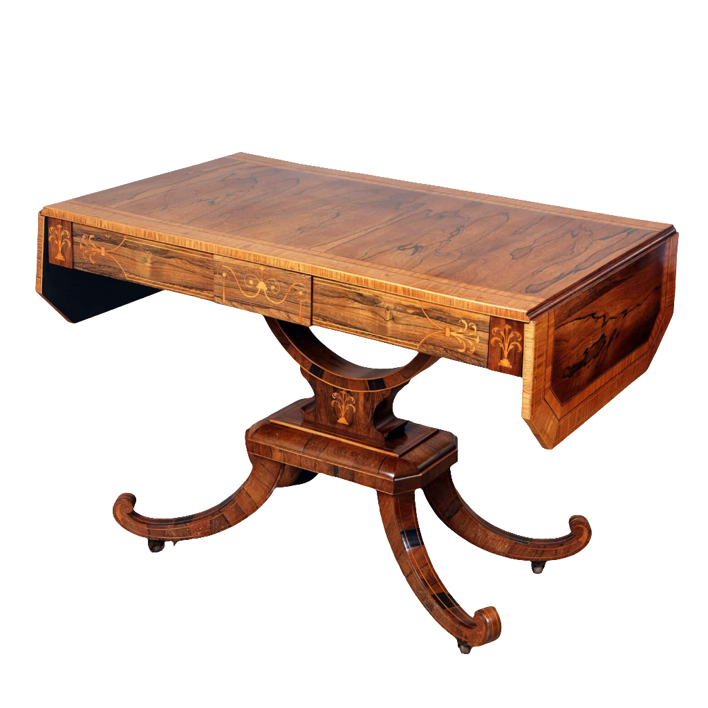 George III Rosewood & Kingwood Sofa Table with elegant inlay, curved legs, and drop leaves, circa 1820 England.