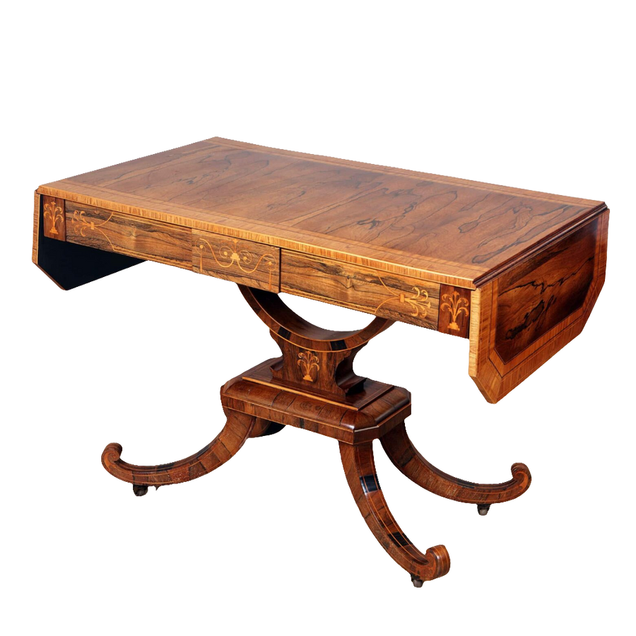 George III Rosewood & Kingwood Sofa Table with elegant inlay, curved legs, and drop leaves, circa 1820 England.