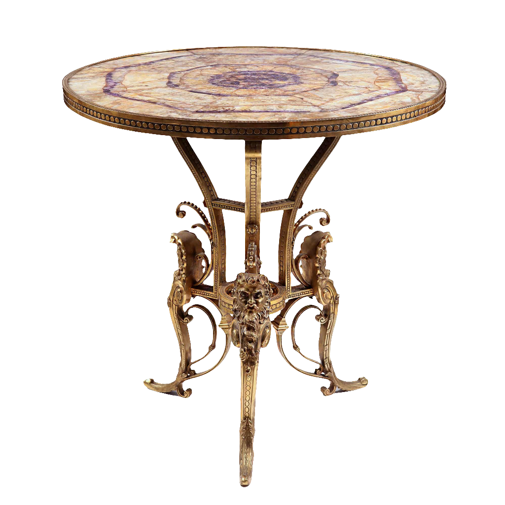 Gilt bronze Blue John Center Table with radiating Blue John top and ornate gilt bronze base with acanthus leaves and paw feet.