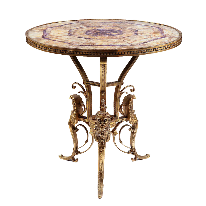 Gilt bronze Blue John Center Table with radiating Blue John top and ornate gilt bronze base with acanthus leaves and paw feet.