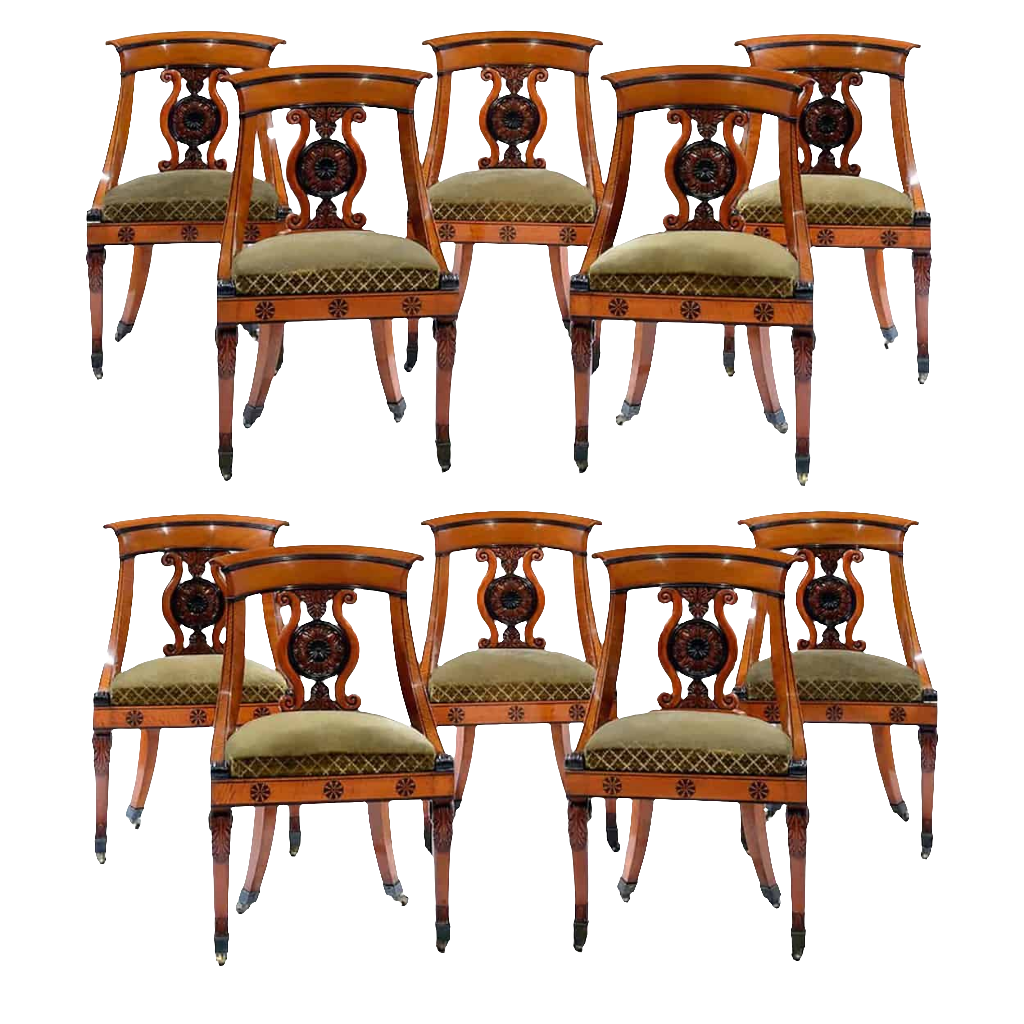 Set of ten French Charles X period satinwood and mahogany side chairs by Collection CK20 with lyre splat backs