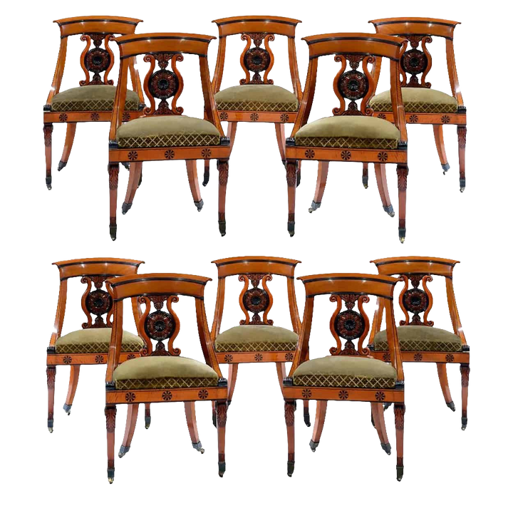 Set of ten French Charles X period satinwood and mahogany side chairs by Collection CK20 with lyre splat backs