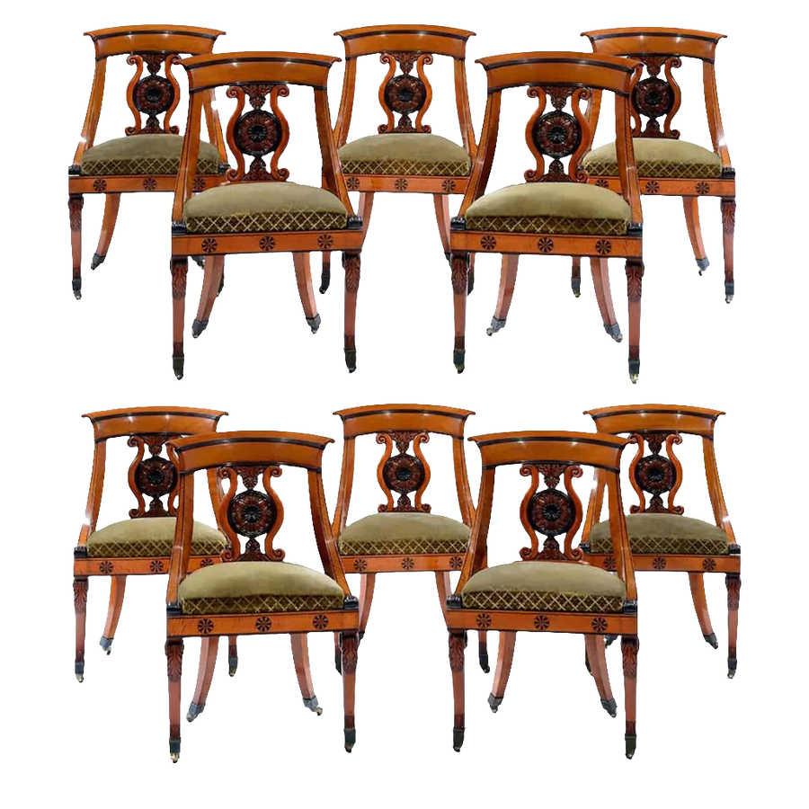 Set of ten French Charles X period satinwood and mahogany side chairs by Collection CK20 with lyre splat backs