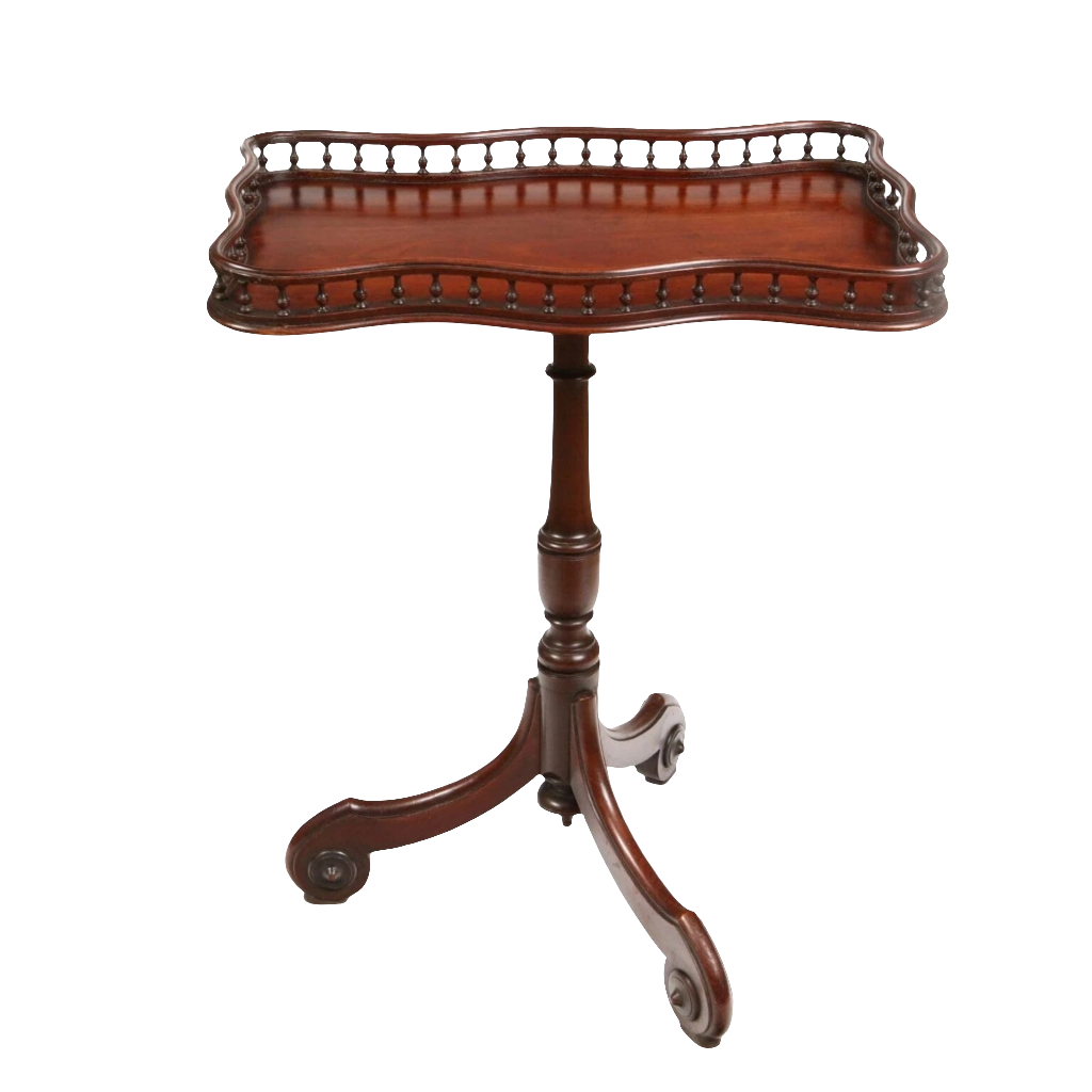 George III Tray Top Tripod Table with mahogany shaped tray top, balustrade edge, and turned tripod base circa 1800 England.