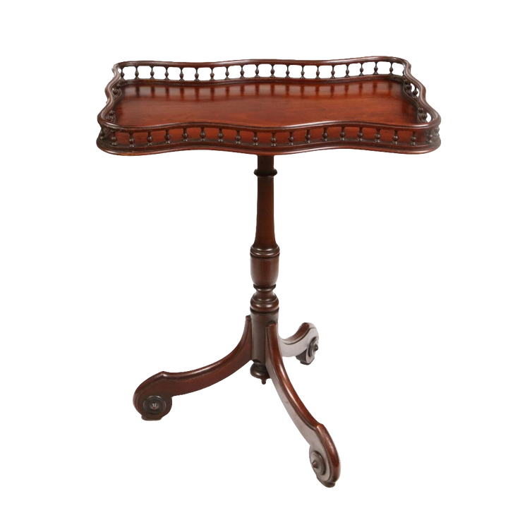 George III Tray Top Tripod Table with mahogany shaped tray top, balustrade edge, and turned tripod base circa 1800 England.