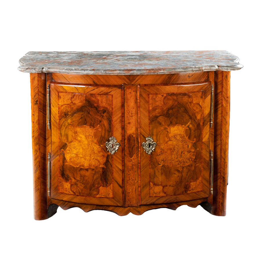 Magnificent Louis XIV walnut cabinet with Breccia marble top by Nicholas Wells Antiques, exquisite 18th-century French craftsmanship