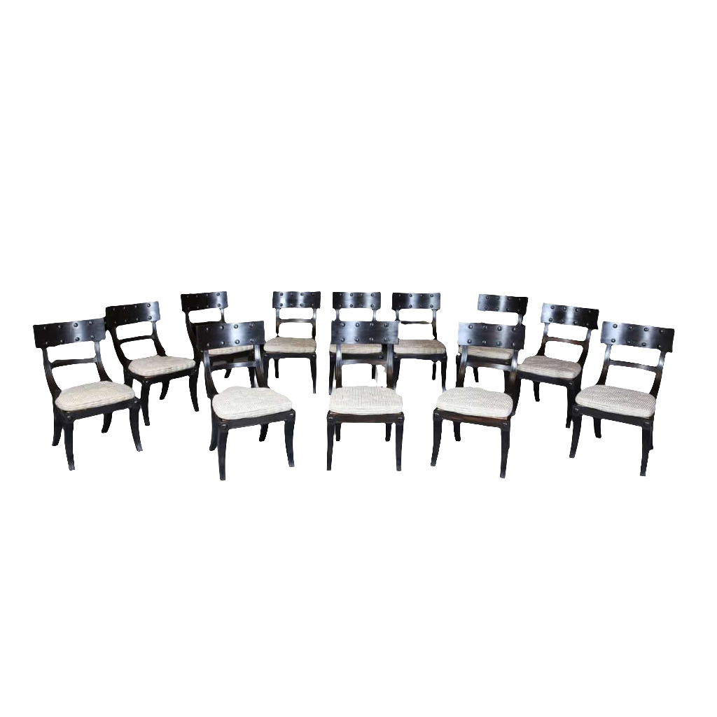Set of 12 Ebony Klismos Dining Chairs with horsehair cushions in elegant ancient Greek inspired design by Collection EE30