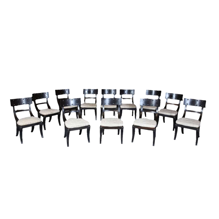 Set of 12 Ebony Klismos Dining Chairs with horsehair cushions in elegant ancient Greek inspired design by Collection EE30