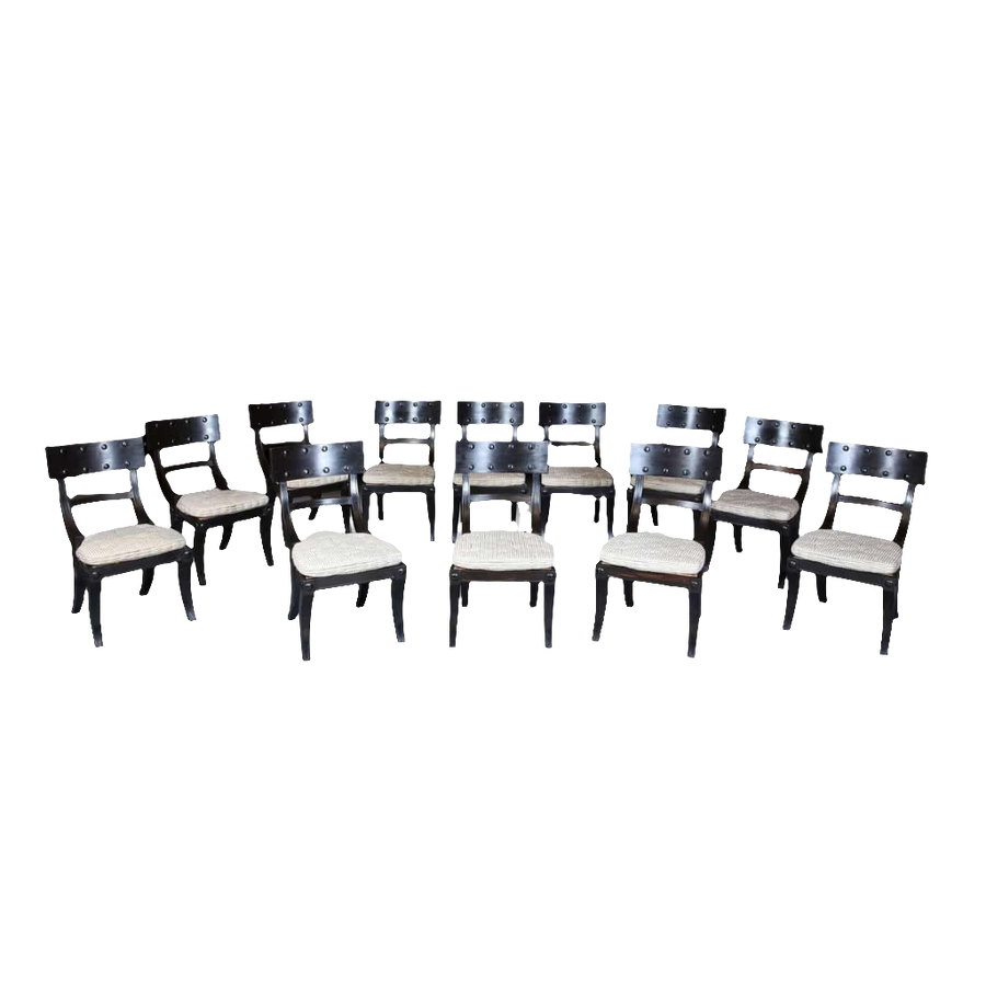 Set of 12 Ebony Klismos Dining Chairs with horsehair cushions in elegant ancient Greek inspired design by Collection EE30