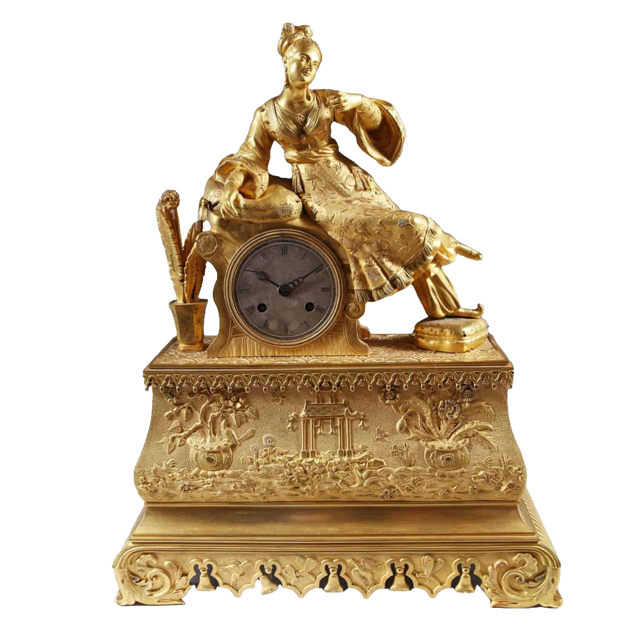 19th-century gilt bronze Ottoman mantle clock with seated lady, floral and pagoda details by Nicholas Wells Antiques