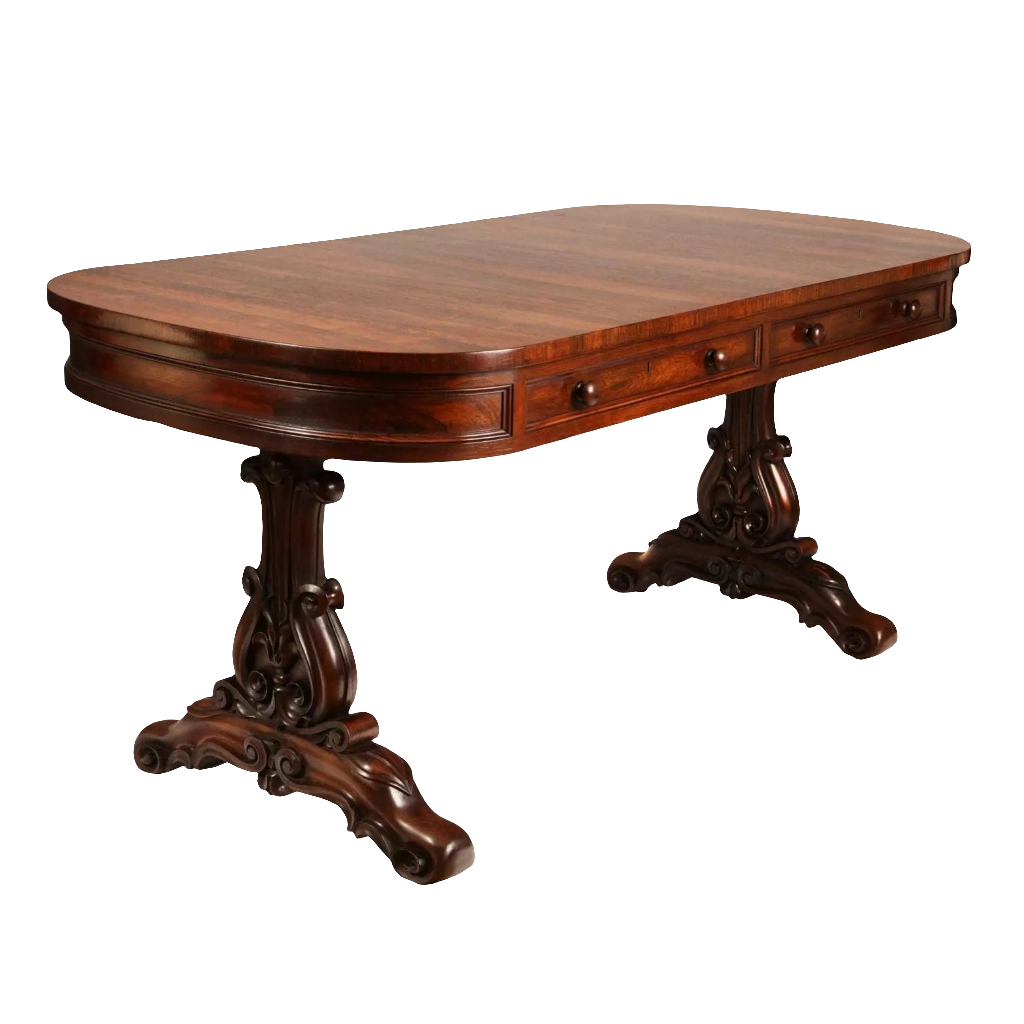 William IV Irish Rosewood Library Table By Williams & Gibton with carved legs and two side drawers circa 1835