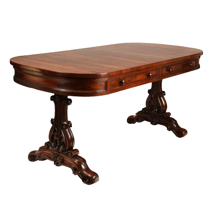 William IV Irish Rosewood Library Table By Williams & Gibton with carved legs and two side drawers circa 1835