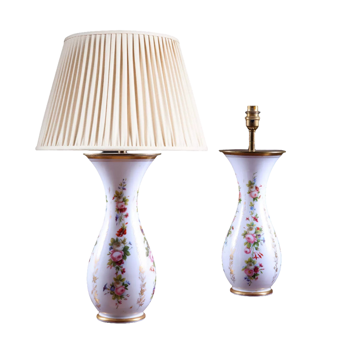 Pair of French Opaline Vases Mounted as Table Lamps with hand painted flowers and gilt foliate details.