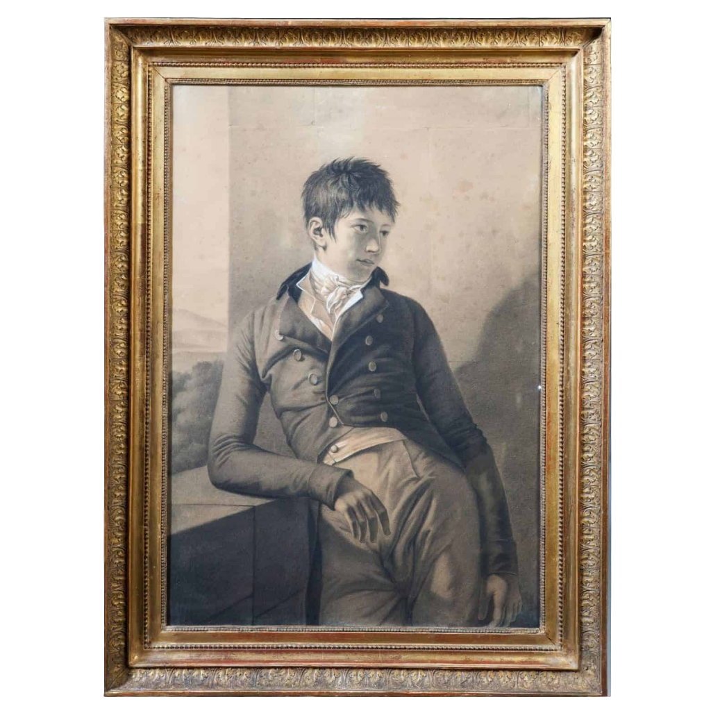 Consulat period drawing of a young man in refined pose framed in original gilt frame Collection TH20