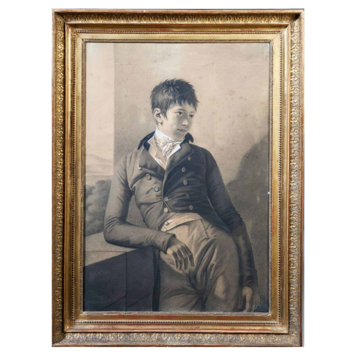 Consulat period drawing of a young man in refined pose framed in original gilt frame Collection TH20