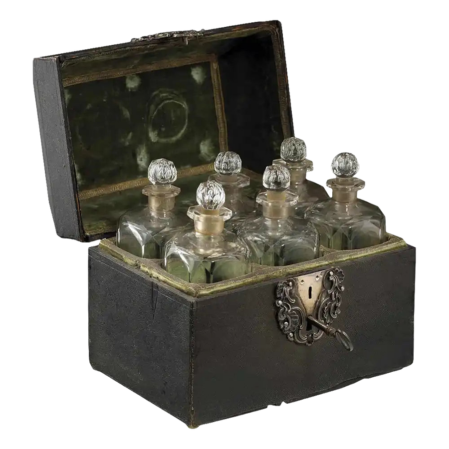 Mid 18th century shagreen apothecary case with six glass bottles by Nicholas Wells Antiques from Rome circa 1750
