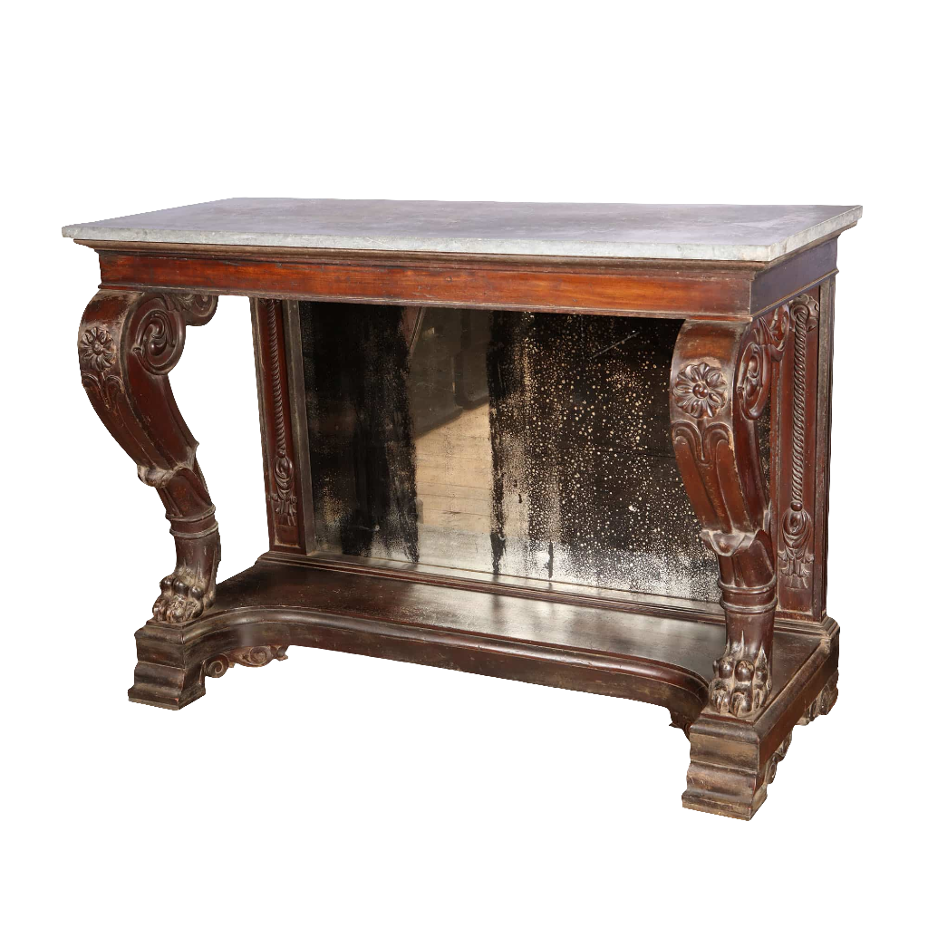 Pair of Palatial Early 19th Century Franco Indian Console Tables with carved wooden legs and mirrored back circa 1830.