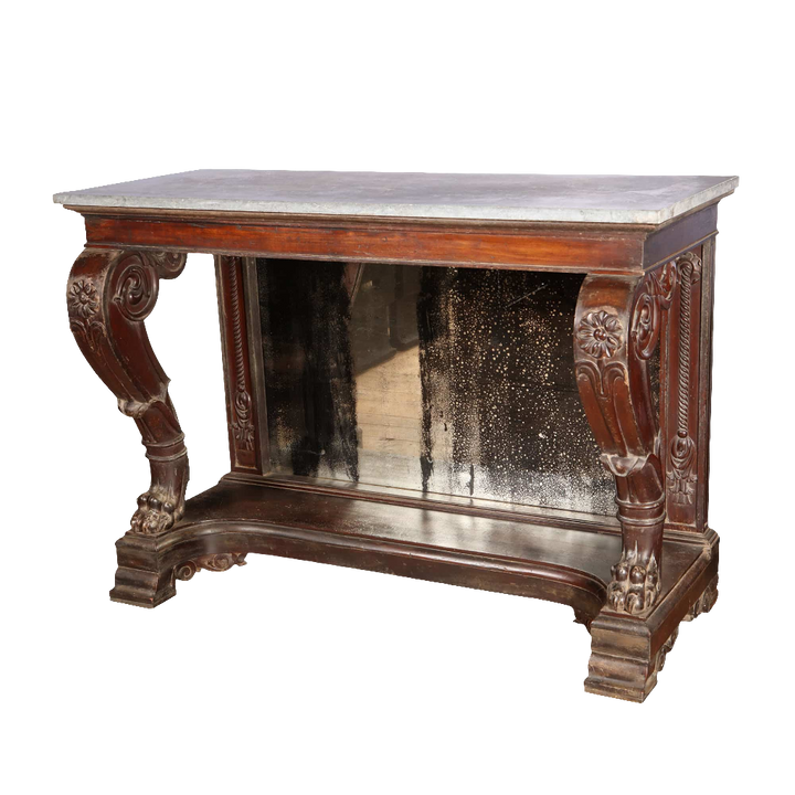 Pair of Palatial Early 19th Century Franco Indian Console Tables with carved wooden legs and mirrored back circa 1830.