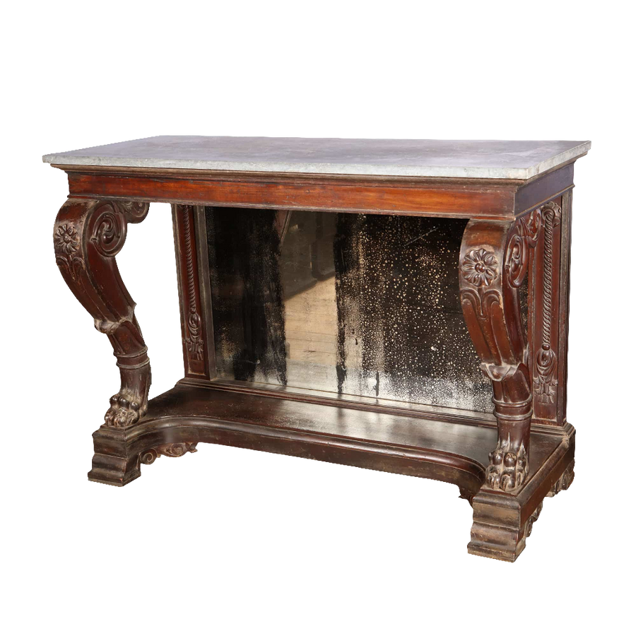Pair of Palatial Early 19th Century Franco Indian Console Tables with carved wooden legs and mirrored back circa 1830.