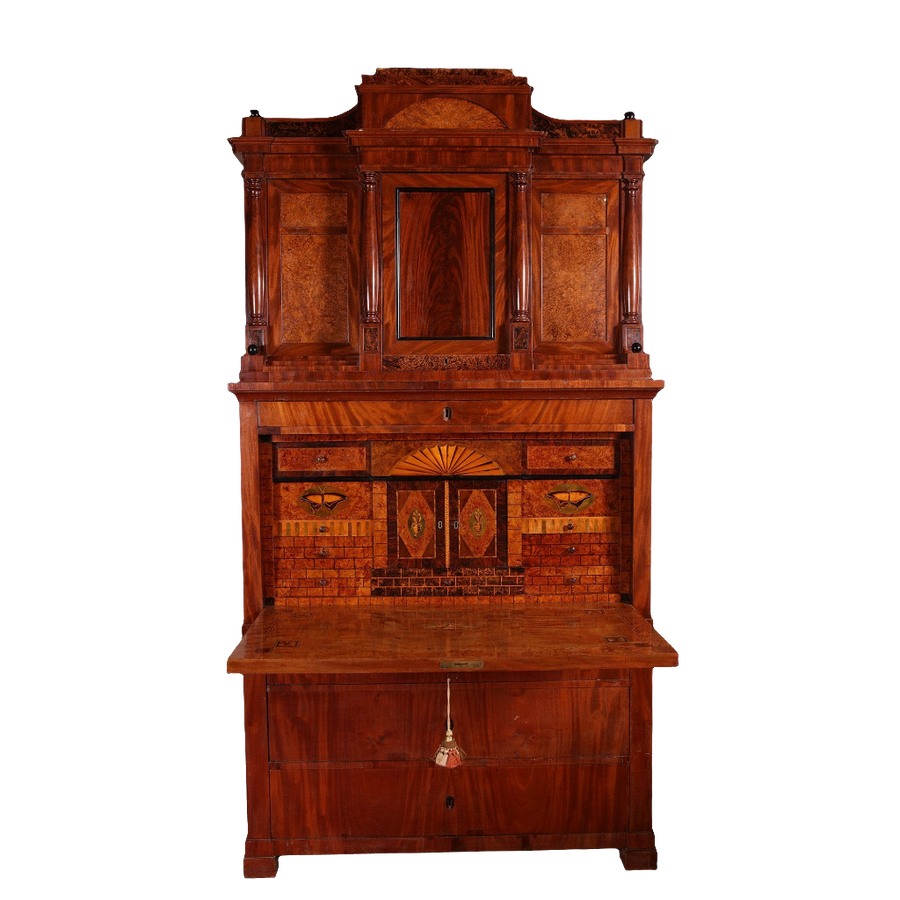Biedermeier Secretaire abattant with flame mahogany veneers and fitted interior featuring hidden compartments and drawers.