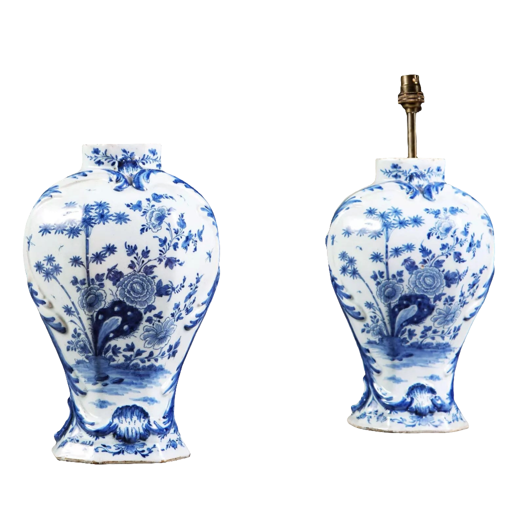 Blue and White Delft Vases Mounted as Table Lamps with intricate floral 18th-century design from the Netherlands circa 1750.