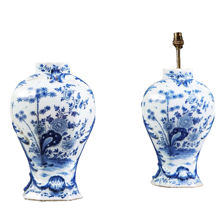 Blue and White Delft Vases Mounted as Table Lamps with intricate floral 18th-century design from the Netherlands circa 1750.